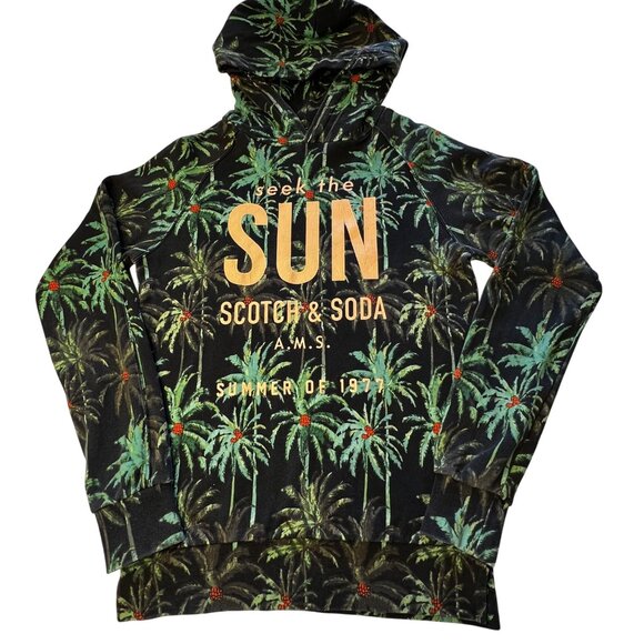 Scotch & Soda All Over Palm Tree Print French Terry Pullover Green Hoodie (M) - Picture 1 of 16